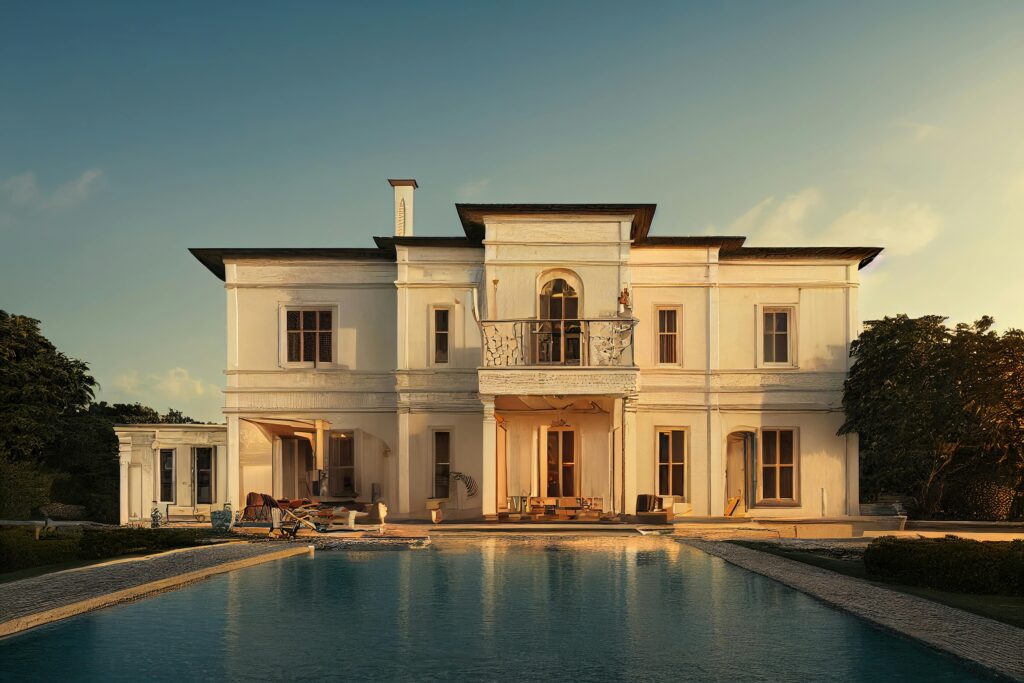 Stunning mansion reflecting in a serene pool at sunset, showcasing luxurious architecture.